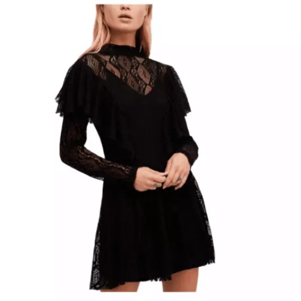 Free People NEW black lace fit and flare dress. L